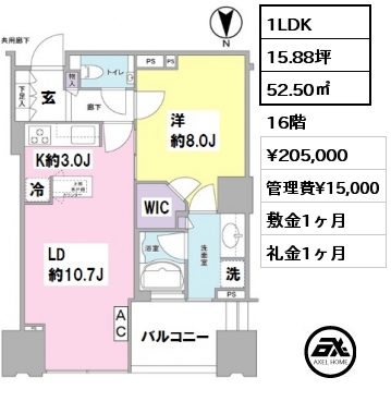 間取り3 1LDK 52.50㎡ 16階 賃料¥205,000 管理費¥15,000 敷金1ヶ月 礼金1ヶ月 6/9退去予定