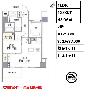 間取り3 1LDK 43.06㎡ 7階 賃料¥177,000 管理費¥8,000 敷金1ヶ月 礼金1ヶ月 定期借家4年　楽器相談可能