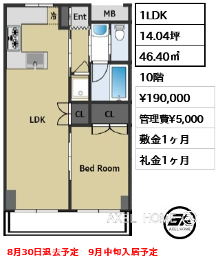 間取り3 1LDK 46.40㎡  賃料¥190,000 管理費¥5,000 敷金1ヶ月 礼金1ヶ月 8月30日退去予定　9月中旬入居予定