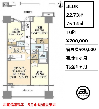 間取り3 3LDK 75.14㎡ 10階 賃料¥200,000 管理費¥20,000 敷金1ヶ月 礼金1ヶ月 定期借家3年　5月中旬退去予定
