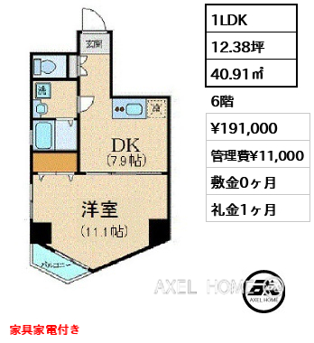 1LDK 40.91㎡  賃料¥191,000 管理費¥11,000 敷金0ヶ月 礼金1ヶ月 家具家電付き