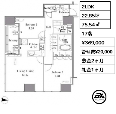 間取り3 3LDK 75.54㎡ 17階 賃料¥369,000 管理費¥20,000 敷金2ヶ月 礼金1ヶ月  