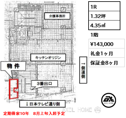 1R 4.35㎡  賃料¥143,000 礼金1ヶ月 定期借家10年　8月上旬入居予定