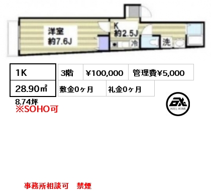 間取り3 1K 28.90㎡ 3階 賃料¥100,000 管理費¥5,000 敷金0ヶ月 礼金0ヶ月 事務所相談可　禁煙　　　　　　
