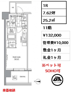 間取り3 1K 25.2㎡ 2階 賃料¥119,000 管理費¥10,000 敷金1ヶ月 礼金1ヶ月 7月中旬入居予定