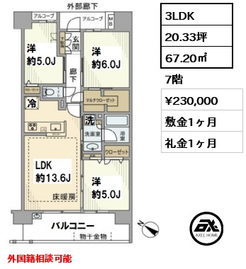 間取り3 3LDK 67.20㎡ 7階 賃料¥230,000 敷金1ヶ月 礼金1ヶ月 外国籍相談可能