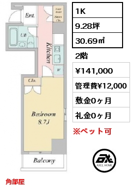 間取り3 1K 30.69㎡ 2階 賃料¥141,000 管理費¥12,000 敷金0ヶ月 礼金0ヶ月 角部屋