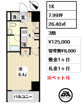 間取り3 1K 26.40㎡  賃料¥125,000 管理費¥8,000 敷金1ヶ月 礼金1ヶ月