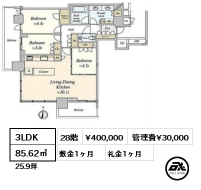 間取り3 2LDK 61.10㎡ 28階 賃料¥285,000 敷金1ヶ月 礼金1ヶ月 　