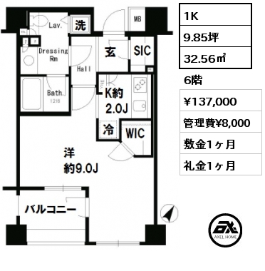 間取り3 1K 32.56㎡ 6階 賃料¥137,000 管理費¥8,000 敷金1ヶ月 礼金1ヶ月