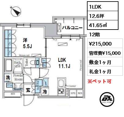 間取り3 1LDK 41.65㎡  賃料¥215,000 管理費¥15,000 敷金1ヶ月 礼金1ヶ月