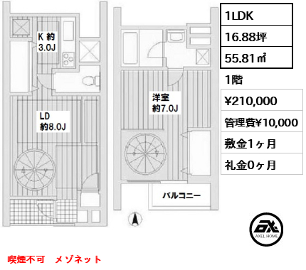 間取り3 1LDK 55.81㎡  賃料¥210,000 管理費¥10,000 敷金1ヶ月 礼金0ヶ月 喫煙不可　メゾネット　　　