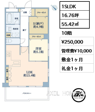 1SLDK 55.42㎡  賃料¥250,000 管理費¥10,000 敷金1ヶ月 礼金1ヶ月