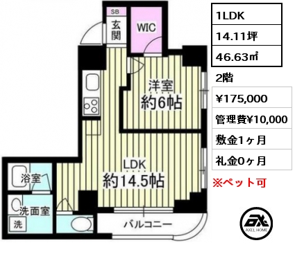 間取り3 1LDK 46.63㎡ 2階 賃料¥175,000 管理費¥10,000 敷金1ヶ月 礼金0ヶ月