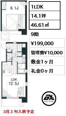 間取り3 1LDK 46.61㎡  賃料¥199,000 管理費¥10,000 敷金1ヶ月 礼金0ヶ月 3月上旬入居予定