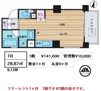 間取り3 1R 28.87㎡ 1階 賃料¥141,000 管理費¥10,000 敷金1ヶ月 礼金0ヶ月 フリーレント1ヶ月　1階ですが2階の高さです。