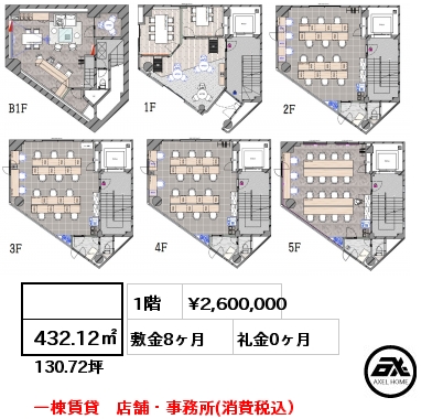  432.12㎡ 1階 賃料¥2,600,000 敷金8ヶ月 礼金0ヶ月 一棟賃貸　店舗・事務所(消費税込）