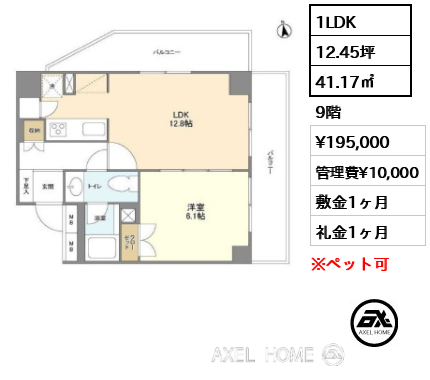 1LDK 41.17㎡  賃料¥195,000 管理費¥10,000 敷金1ヶ月 礼金1ヶ月