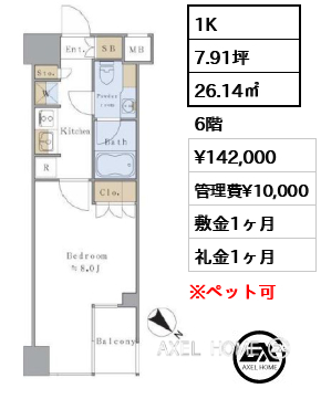 1K 26.14㎡  賃料¥142,000 管理費¥10,000 敷金1ヶ月 礼金1ヶ月 　　　　
