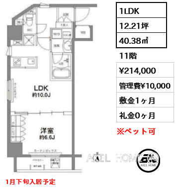1LDK 40.38㎡  賃料¥214,000 管理費¥10,000 敷金1ヶ月 礼金0ヶ月 1月下旬入居予定