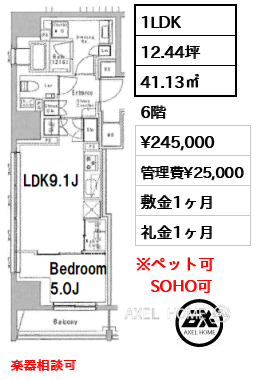 1LDK 41.13㎡  賃料¥245,000 管理費¥25,000 敷金1ヶ月 礼金1ヶ月 楽器相談可