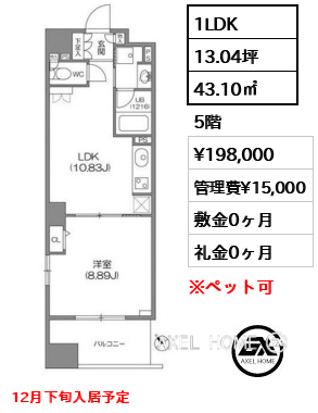1LDK 43.10㎡  賃料¥198,000 管理費¥15,000 敷金0ヶ月 礼金0ヶ月 12月下旬入居予定