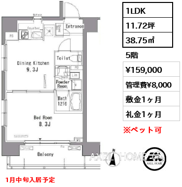 1LDK 38.75㎡  賃料¥159,000 管理費¥8,000 敷金1ヶ月 礼金1ヶ月 1月中旬入居予定