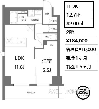 1LDK 42.00㎡  賃料¥184,000 管理費¥10,000 敷金1ヶ月 礼金1.5ヶ月