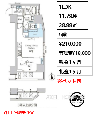 1LDK 38.99㎡  賃料¥210,000 管理費¥18,000 敷金1ヶ月 礼金1ヶ月 7月上旬退去予定
