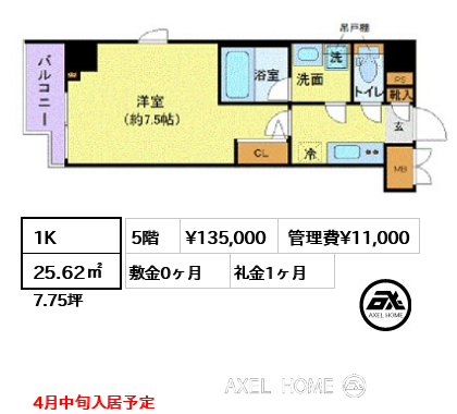 1K 25.62㎡  賃料¥135,000 管理費¥11,000 敷金0ヶ月 礼金1ヶ月 4月中旬入居予定
