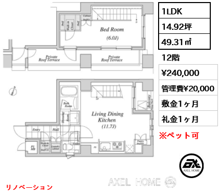 1LDK 49.31㎡  賃料¥240,000 管理費¥20,000 敷金1ヶ月 礼金1ヶ月 リノベーション　