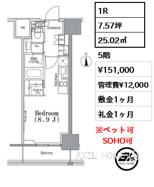 1R 25.02㎡  賃料¥151,000 管理費¥12,000 敷金1ヶ月 礼金1ヶ月