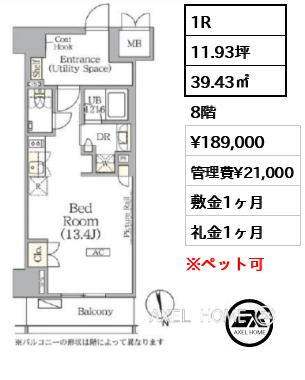 1R 39.43㎡  賃料¥189,000 管理費¥21,000 敷金1ヶ月 礼金1ヶ月 　