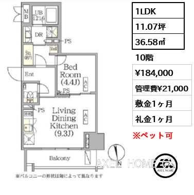 1LDK 36.58㎡  賃料¥184,000 管理費¥21,000 敷金1ヶ月 礼金1ヶ月 　