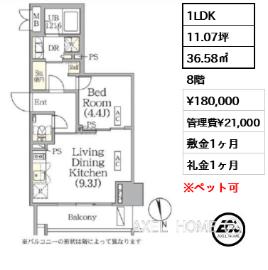 1LDK 36.58㎡  賃料¥180,000 管理費¥21,000 敷金1ヶ月 礼金1ヶ月 　