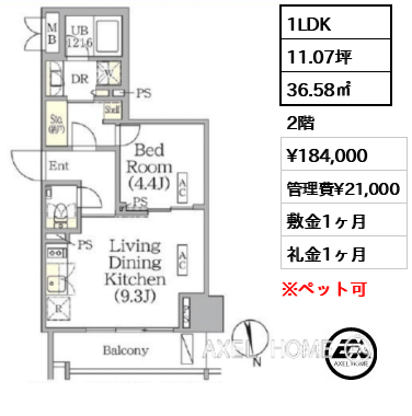 1LDK 36.58㎡  賃料¥184,000 管理費¥21,000 敷金1ヶ月 礼金1ヶ月 　