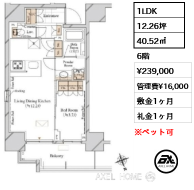 1LDK 40.52㎡  賃料¥239,000 管理費¥16,000 敷金1ヶ月 礼金1ヶ月