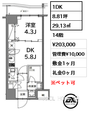 1DK 29.13㎡  賃料¥203,000 管理費¥10,000 敷金1ヶ月 礼金0ヶ月