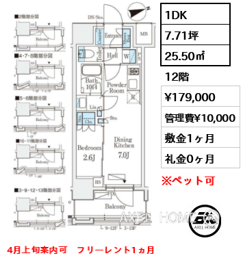 1DK 25.50㎡  賃料¥179,000 管理費¥10,000 敷金1ヶ月 礼金0ヶ月 4月上旬案内可　フリーレント1ヵ月