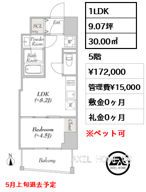 1LDK 30.00㎡  賃料¥172,000 管理費¥15,000 敷金0ヶ月 礼金0ヶ月 5月上旬退去予定