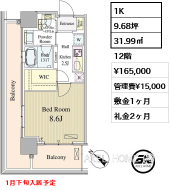 1K 31.99㎡  賃料¥165,000 管理費¥15,000 敷金1ヶ月 礼金2ヶ月 1月下旬入居予定