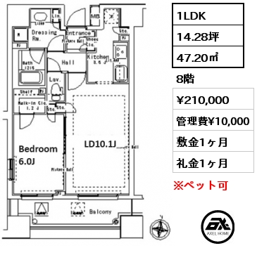 1LDK 47.20㎡ 8階 賃料¥210,000 管理費¥10,000 敷金1ヶ月 礼金1ヶ月