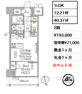 1LDK 40.37㎡  賃料¥193,000 管理費¥21,000 敷金1ヶ月 礼金1ヶ月 　