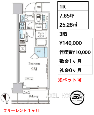 1R 25.28㎡  賃料¥140,000 管理費¥10,000 敷金1ヶ月 礼金0ヶ月 フリーレント１ヶ月