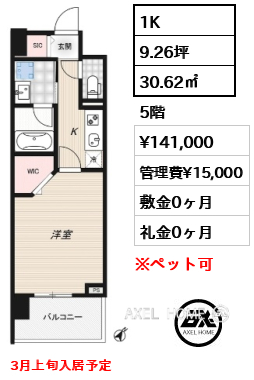 1K 30.62㎡  賃料¥141,000 管理費¥15,000 敷金0ヶ月 礼金0ヶ月 3月上旬入居予定