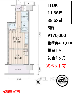 1LDK 38.62㎡  賃料¥170,000 管理費¥10,000 敷金1ヶ月 礼金1ヶ月 定期借家3年