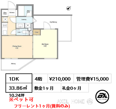 1DK 33.86㎡  賃料¥210,000 管理費¥15,000 敷金1ヶ月 礼金0ヶ月 フリーレント1ヶ月(賃料のみ)