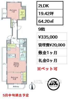 2LDK 64.20㎡  賃料¥335,000 管理費¥20,000 敷金1ヶ月 礼金0ヶ月 5月中旬退去予定