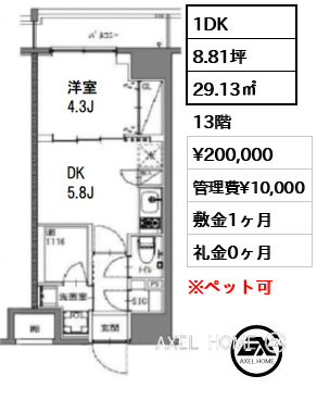 1DK 29.13㎡  賃料¥197,000 管理費¥10,000 敷金1ヶ月 礼金0ヶ月