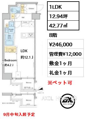 1LDK 42.77㎡  賃料¥246,000 管理費¥12,000 敷金1ヶ月 礼金1ヶ月 9月中旬入居予定